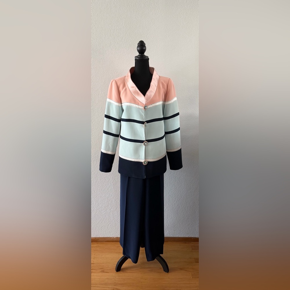 Dominique Palacios Couture 2pc Navy, Pink, Lt. Blue Pant Suit w/Rhinestones, 18